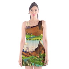 River Between Green Forest With Brown Mountain Scoop Neck Skater Dress by Cendanart