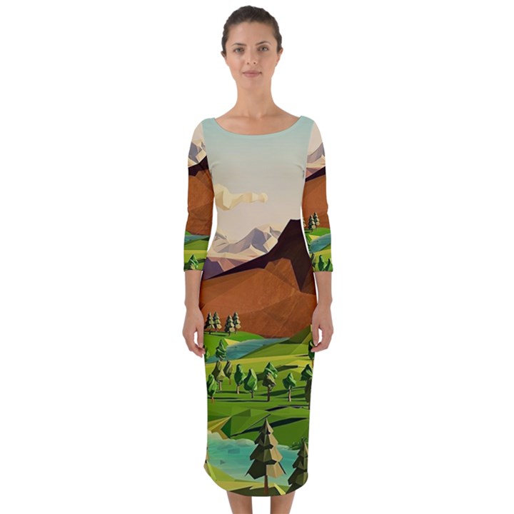 River Between Green Forest With Brown Mountain Quarter Sleeve Midi Bodycon Dress