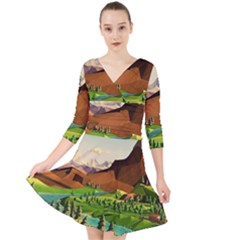 River Between Green Forest With Brown Mountain Quarter Sleeve Front Wrap Dress by Cendanart