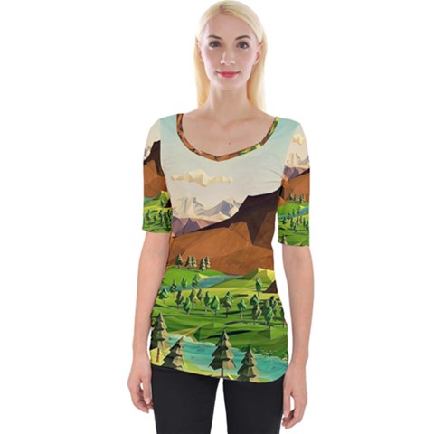 River Between Green Forest With Brown Mountain Wide Neckline T-shirt by Cendanart