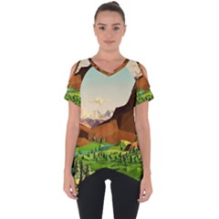 River Between Green Forest With Brown Mountain Cut Out Side Drop T-shirt by Cendanart