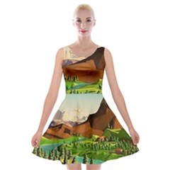 River Between Green Forest With Brown Mountain Velvet Skater Dress by Cendanart