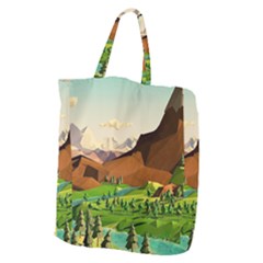 River Between Green Forest With Brown Mountain Giant Grocery Tote by Cendanart