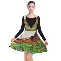 River Between Green Forest With Brown Mountain Plunge Pinafore Dress by Cendanart