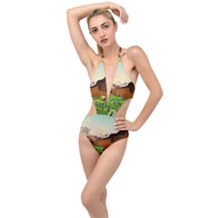 River Between Green Forest With Brown Mountain Plunging Cut Out Swimsuit by Cendanart