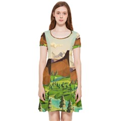 River Between Green Forest With Brown Mountain Inside Out Cap Sleeve Dress by Cendanart