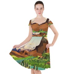 River Between Green Forest With Brown Mountain Cap Sleeve Midi Dress by Cendanart