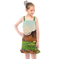 River Between Green Forest With Brown Mountain Kids  Overall Dress by Cendanart