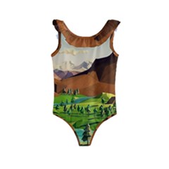 River Between Green Forest With Brown Mountain Kids  Frill Swimsuit by Cendanart