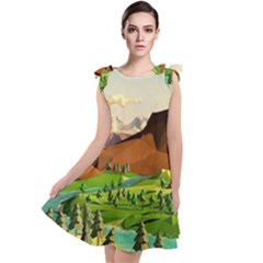 River Between Green Forest With Brown Mountain Tie Up Tunic Dress by Cendanart