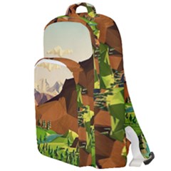 River Between Green Forest With Brown Mountain Double Compartment Backpack by Cendanart