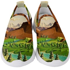 River Between Green Forest With Brown Mountain Kids  Slip On Sneakers by Cendanart