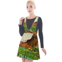 River Between Green Forest With Brown Mountain Plunge Pinafore Velour Dress by Cendanart