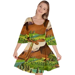 River Between Green Forest With Brown Mountain Velour Kimono Dress by Cendanart