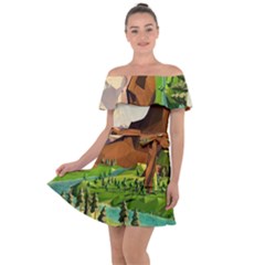 River Between Green Forest With Brown Mountain Off Shoulder Velour Dress by Cendanart