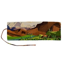 River Between Green Forest With Brown Mountain Roll Up Canvas Pencil Holder (m) by Cendanart