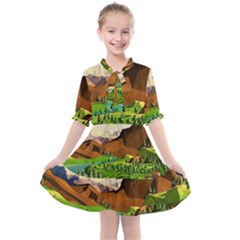 River Between Green Forest With Brown Mountain Kids  All Frills Chiffon Dress by Cendanart