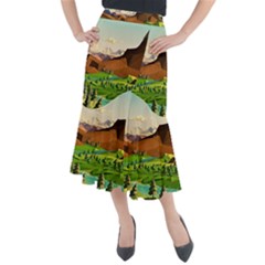 River Between Green Forest With Brown Mountain Midi Mermaid Skirt by Cendanart