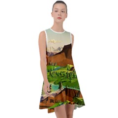 River Between Green Forest With Brown Mountain Frill Swing Dress by Cendanart