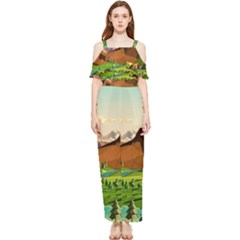 River Between Green Forest With Brown Mountain Draped Sleeveless Chiffon Jumpsuit by Cendanart