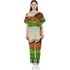 River Between Green Forest With Brown Mountain Batwing Lightweight Chiffon Jumpsuit by Cendanart