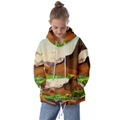 River Between Green Forest With Brown Mountain Kids  Oversized Hoodie by Cendanart