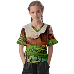 River Between Green Forest With Brown Mountain Kids  V-neck Horn Sleeve Blouse by Cendanart