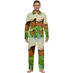 River Between Green Forest With Brown Mountain Men s Long Sleeve Velvet Pocket Pajamas Set by Cendanart