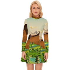 River Between Green Forest With Brown Mountain Long Sleeve Velour Longline Dress by Cendanart