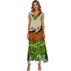 River Between Green Forest With Brown Mountain V-neck Sleeveless Loose Fit Overalls by Cendanart