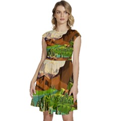 River Between Green Forest With Brown Mountain Cap Sleeve High Waist Dress by Cendanart