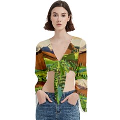 River Between Green Forest With Brown Mountain Trumpet Sleeve Cropped Top