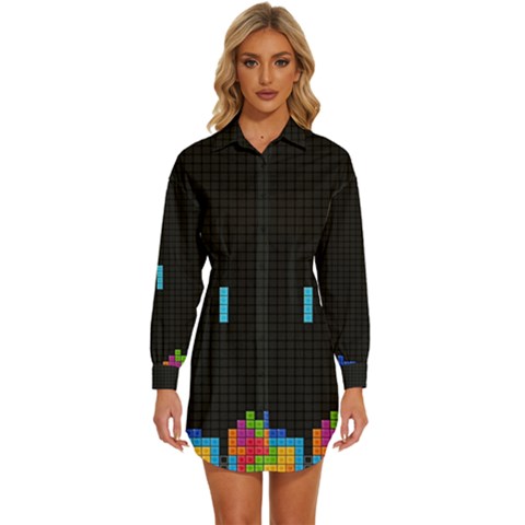 Tetris Game Womens Long Sleeve Shirt Dress by Cendanart