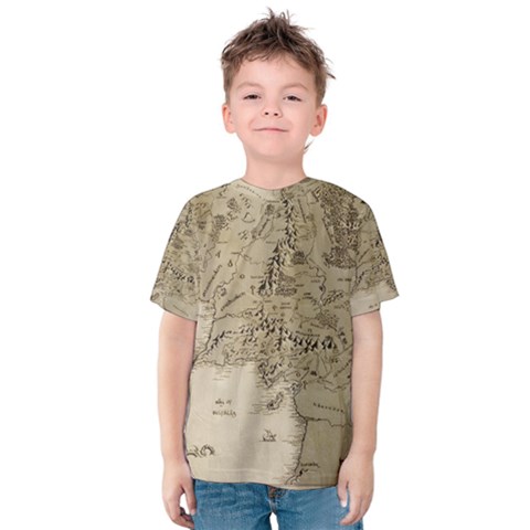 Retro Vintage Gray Map Middle Earth Kids  Cotton T-shirt by Cendanart