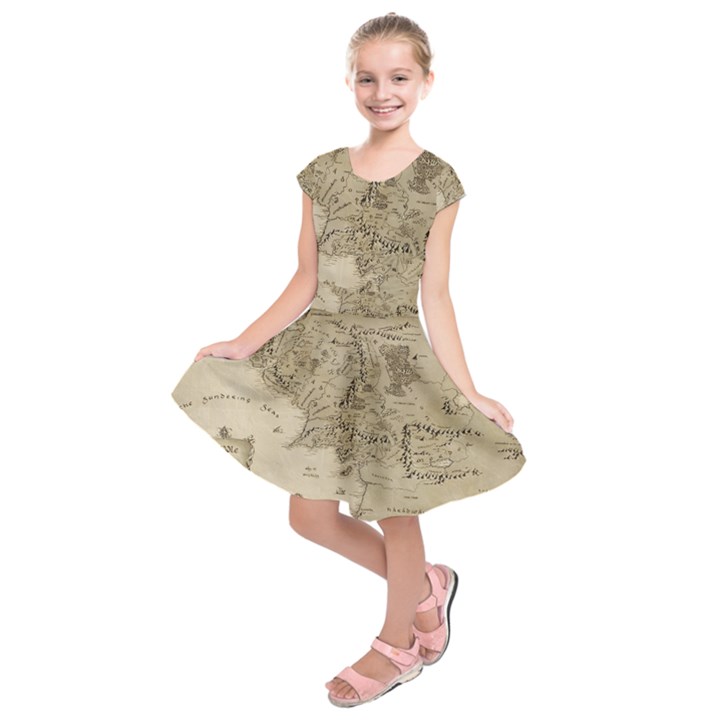 Retro Vintage Gray Map Middle Earth Kids  Short Sleeve Dress