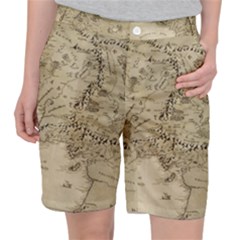 Retro Vintage Gray Map Middle Earth Women s Pocket Shorts by Cendanart