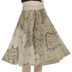 Retro Vintage Gray Map Middle Earth A-line Full Circle Midi Skirt With Pocket by Cendanart