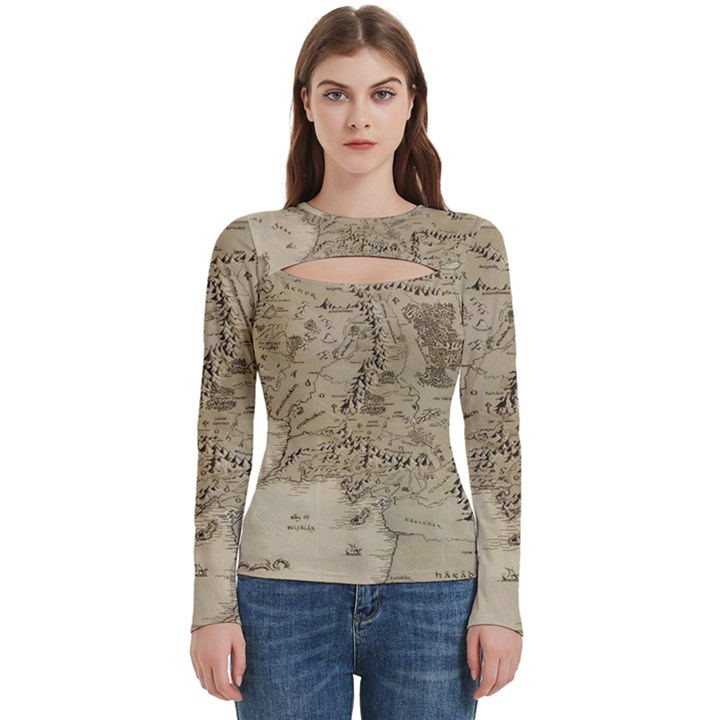 Retro Vintage Gray Map Middle Earth Women s Cut Out Long Sleeve T-Shirt