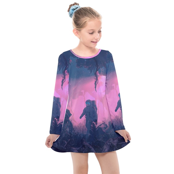 Beeple Astronaut Spacesuit 3d Digital Art Artwork Jungle Kids  Long Sleeve Dress