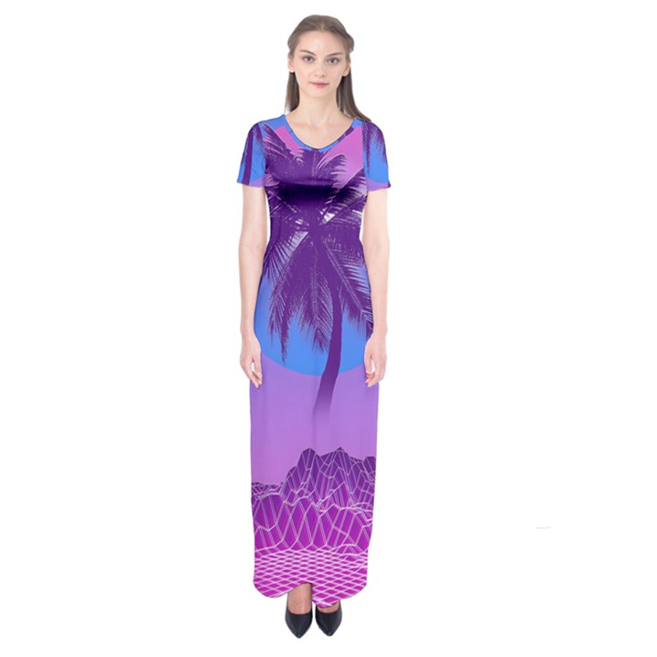 Palm Tree Vaporwave Synthwave Retro Style Short Sleeve Maxi Dress