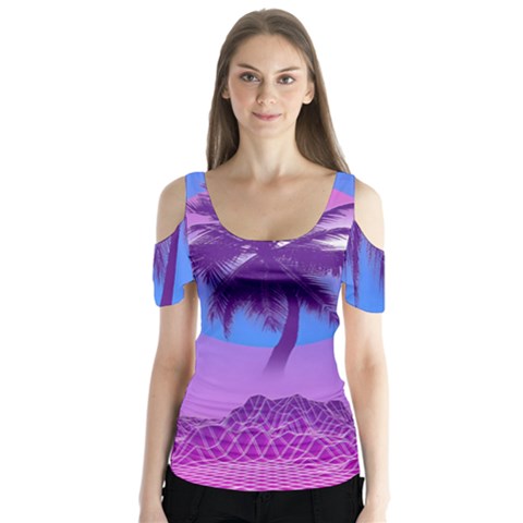 Palm Tree Vaporwave Synthwave Retro Style Butterfly Sleeve Cutout T-shirt  by Cendanart