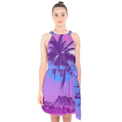 Palm Tree Vaporwave Synthwave Retro Style Halter Collar Waist Tie Chiffon Dress by Cendanart