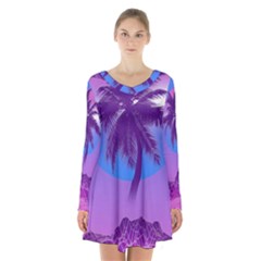 Palm Tree Vaporwave Synthwave Retro Style Long Sleeve Velvet V-neck Dress by Cendanart