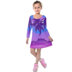 Palm Tree Vaporwave Synthwave Retro Style Kids  Long Sleeve Velvet Dress by Cendanart