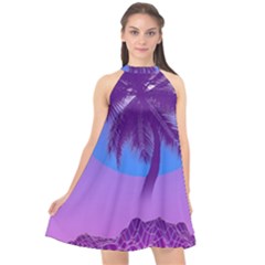 Palm Tree Vaporwave Synthwave Retro Style Halter Neckline Chiffon Dress  by Cendanart