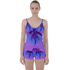 Palm Tree Vaporwave Synthwave Retro Style Tie Front Two Piece Tankini by Cendanart