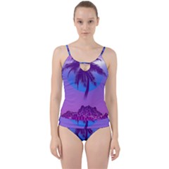 Palm Tree Vaporwave Synthwave Retro Style Cut Out Top Tankini Set by Cendanart