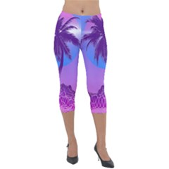 Palm Tree Vaporwave Synthwave Retro Style Lightweight Velour Capri Leggings  by Cendanart