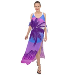 Palm Tree Vaporwave Synthwave Retro Style Maxi Chiffon Cover Up Dress by Cendanart