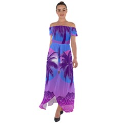 Palm Tree Vaporwave Synthwave Retro Style Off Shoulder Open Front Chiffon Dress by Cendanart